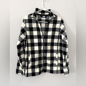 Lands End Full Zip Pullover Fleece Jacket Plaid Black White Soft Comfy Size S M